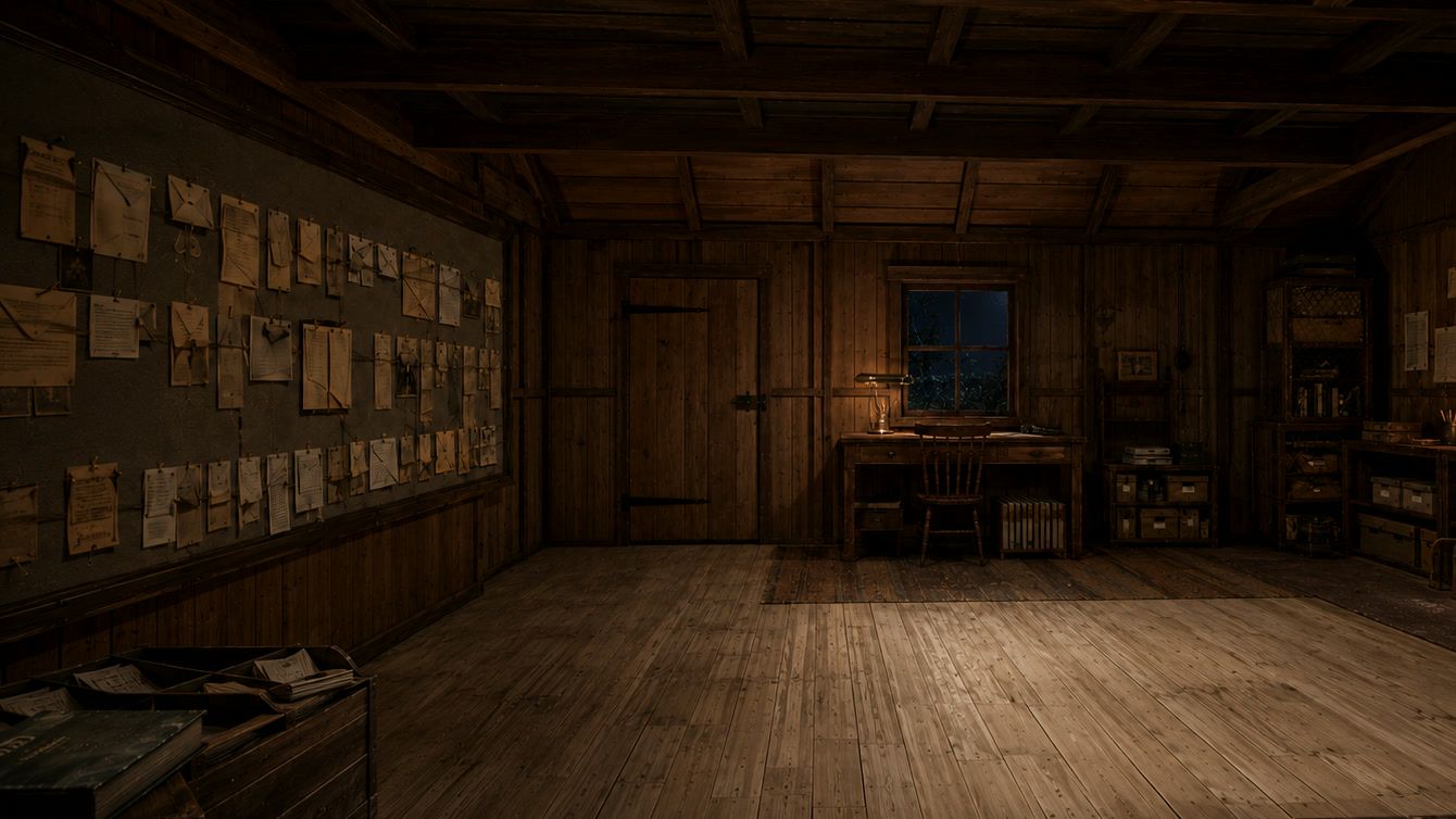 The inside of the shed: a wall of pinned pages, a desk under the window, and shelved boxes running the length of the room.