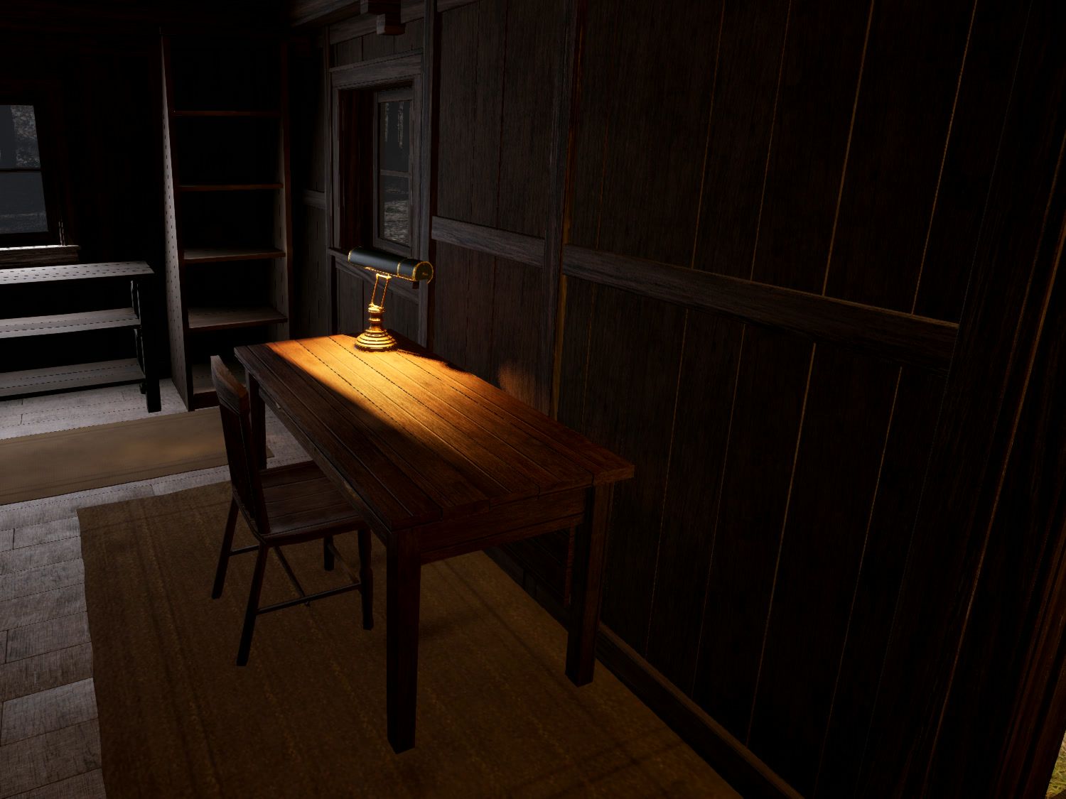 A plain desk under a lamp, the only lit thing in the room.