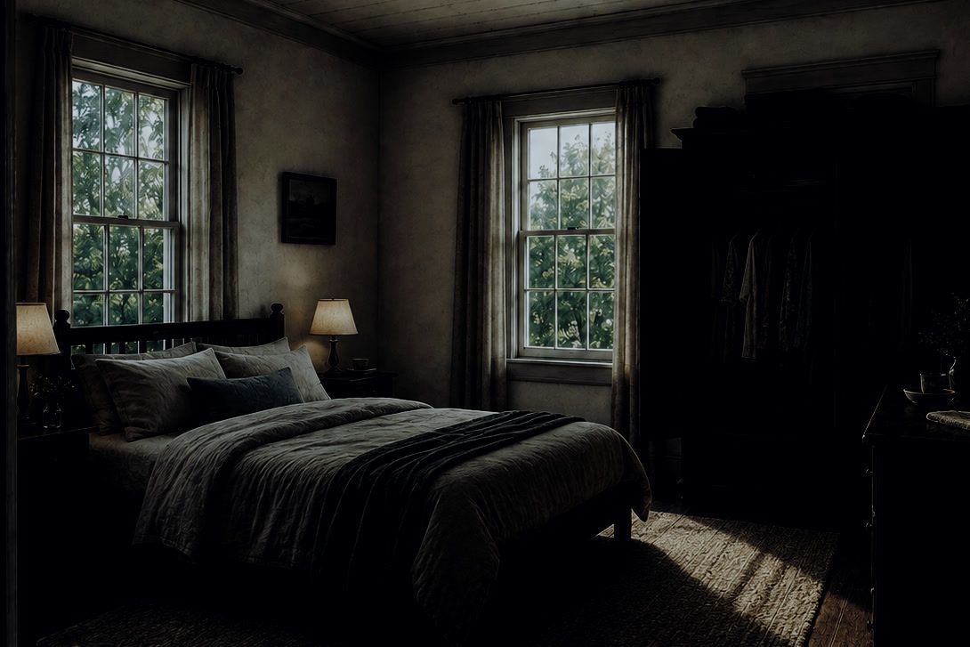 A bedroom in the house. The bed is made and nobody is in it.