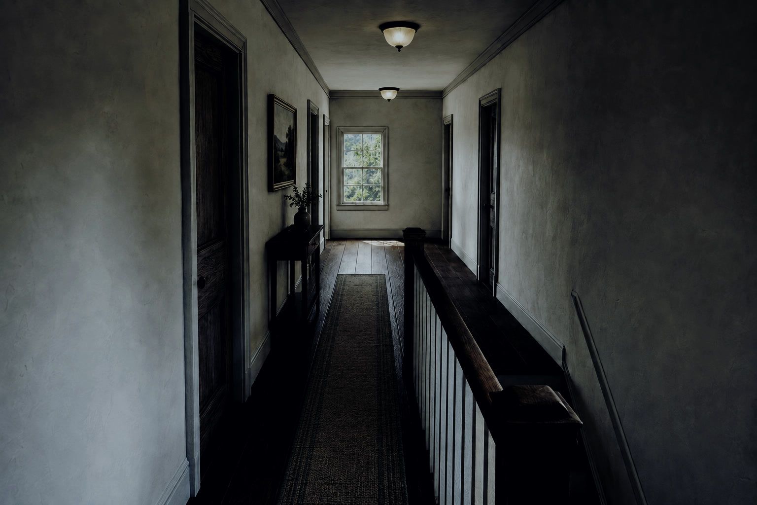 The upstairs hall, every door along it shut.