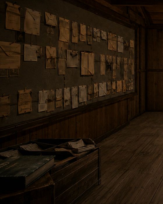 Pages pinned to a board in rows, joined by lengths of cord.