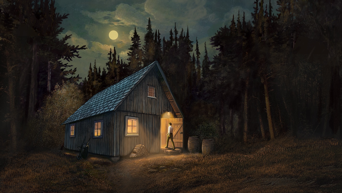 A lamplit timber workshop at the edge of a dark pine forest at night. A man stands in the open doorway, silhouetted against warm light, with a full moon above the treeline.