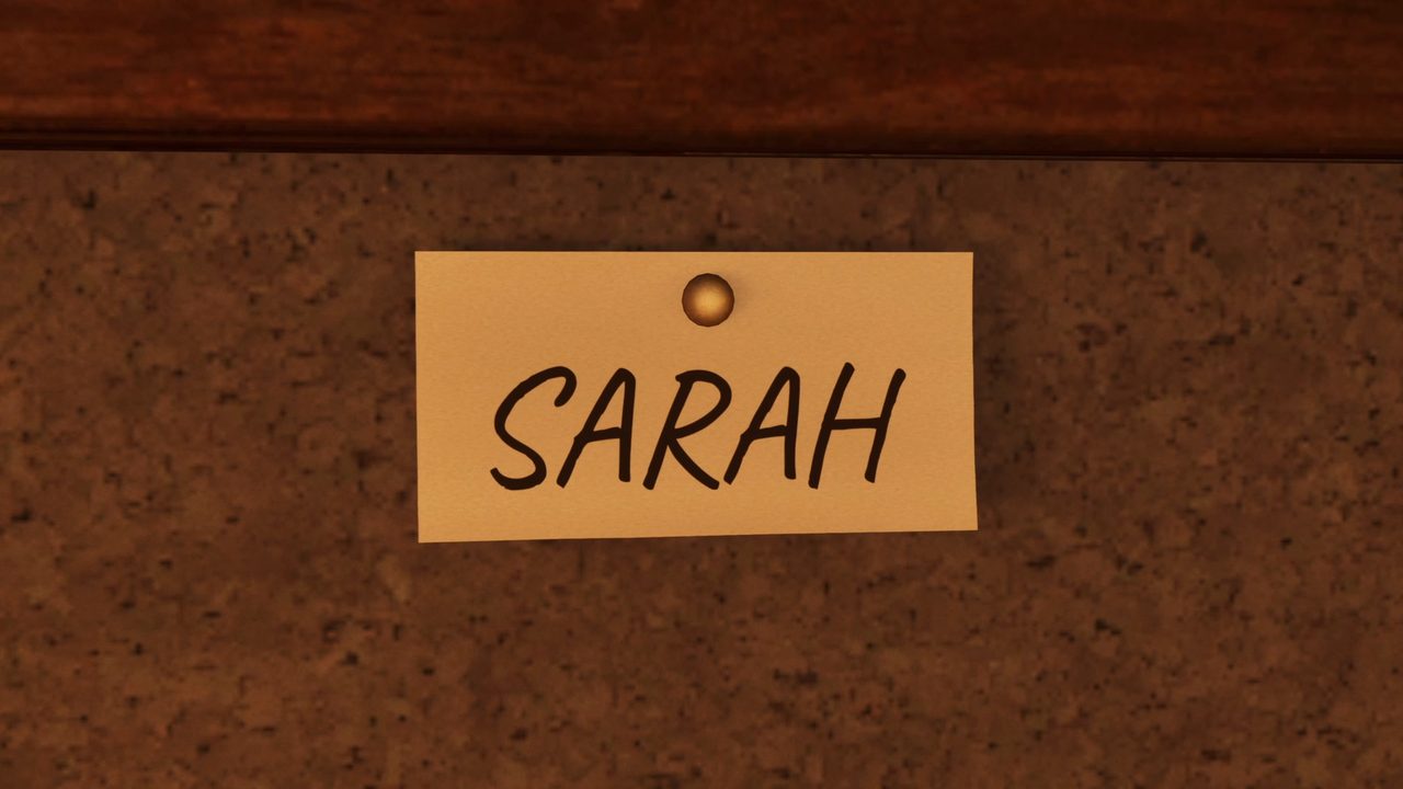 A handwritten note reading Sarah, pinned to a cork board — a still from the teaser trailer.
